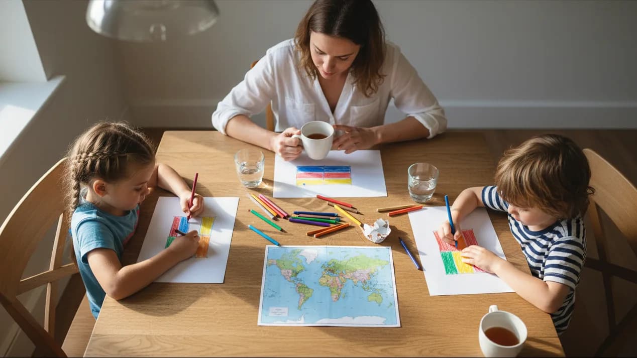 Vista desde arriba de una mesa de cocina donde dos niños y su madre dibujan banderas de franjas con lápices de colores junto a un mapa del mundo