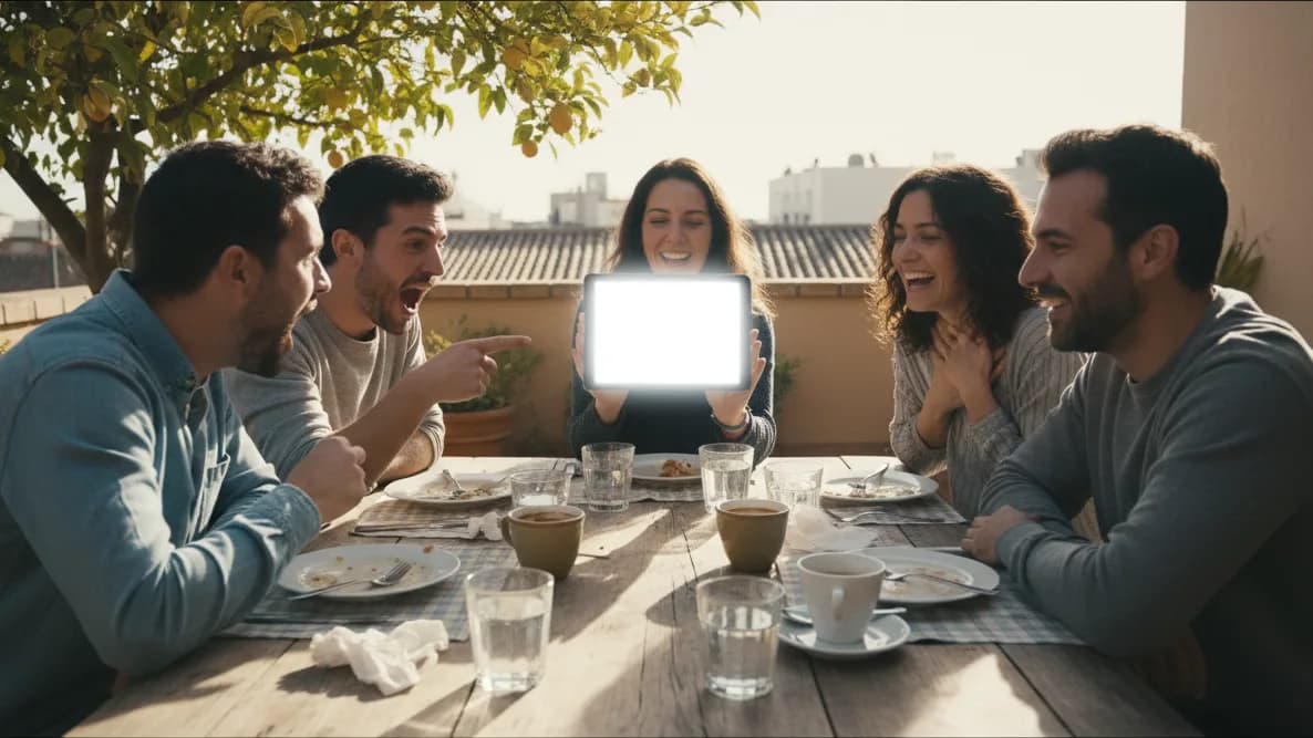 Cinco amigos en una terraza soleada después de comer, inclinados hacia una mujer que sostiene una tableta, dos de ellos gritando una respuesta a la vez