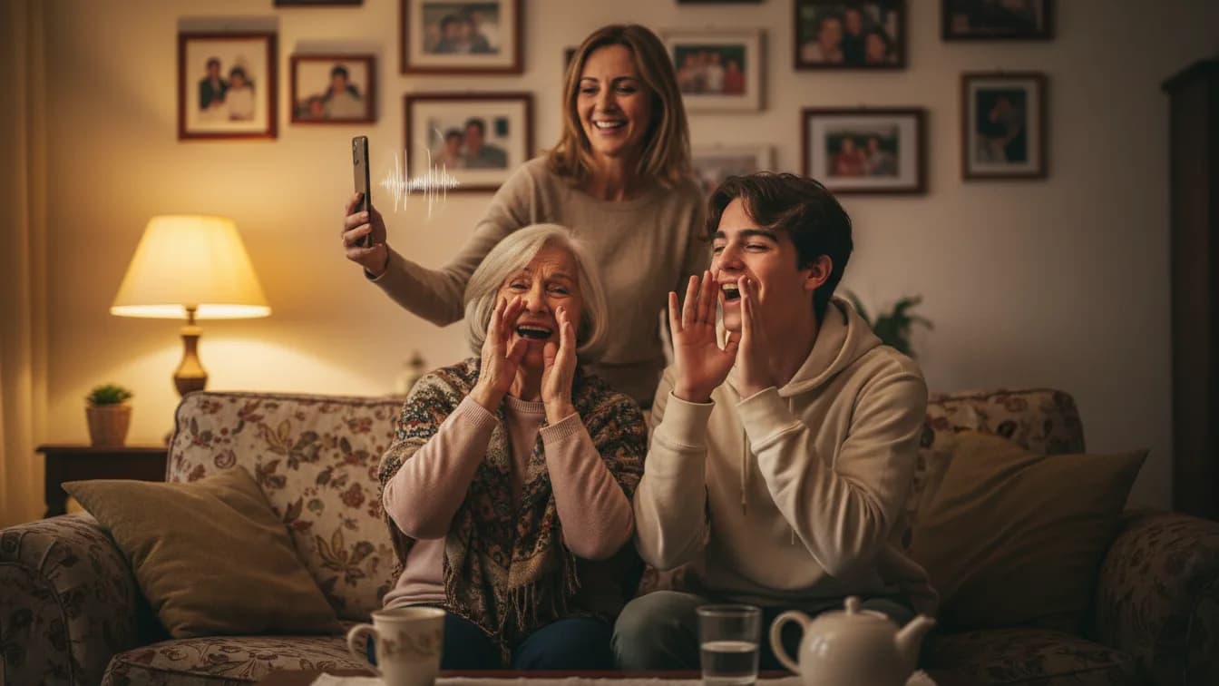 Una abuela y su nieto adolescente cantan juntos en el sofá haciendo bocina con las manos mientras la madre, detrás, pone la canción en el móvil
