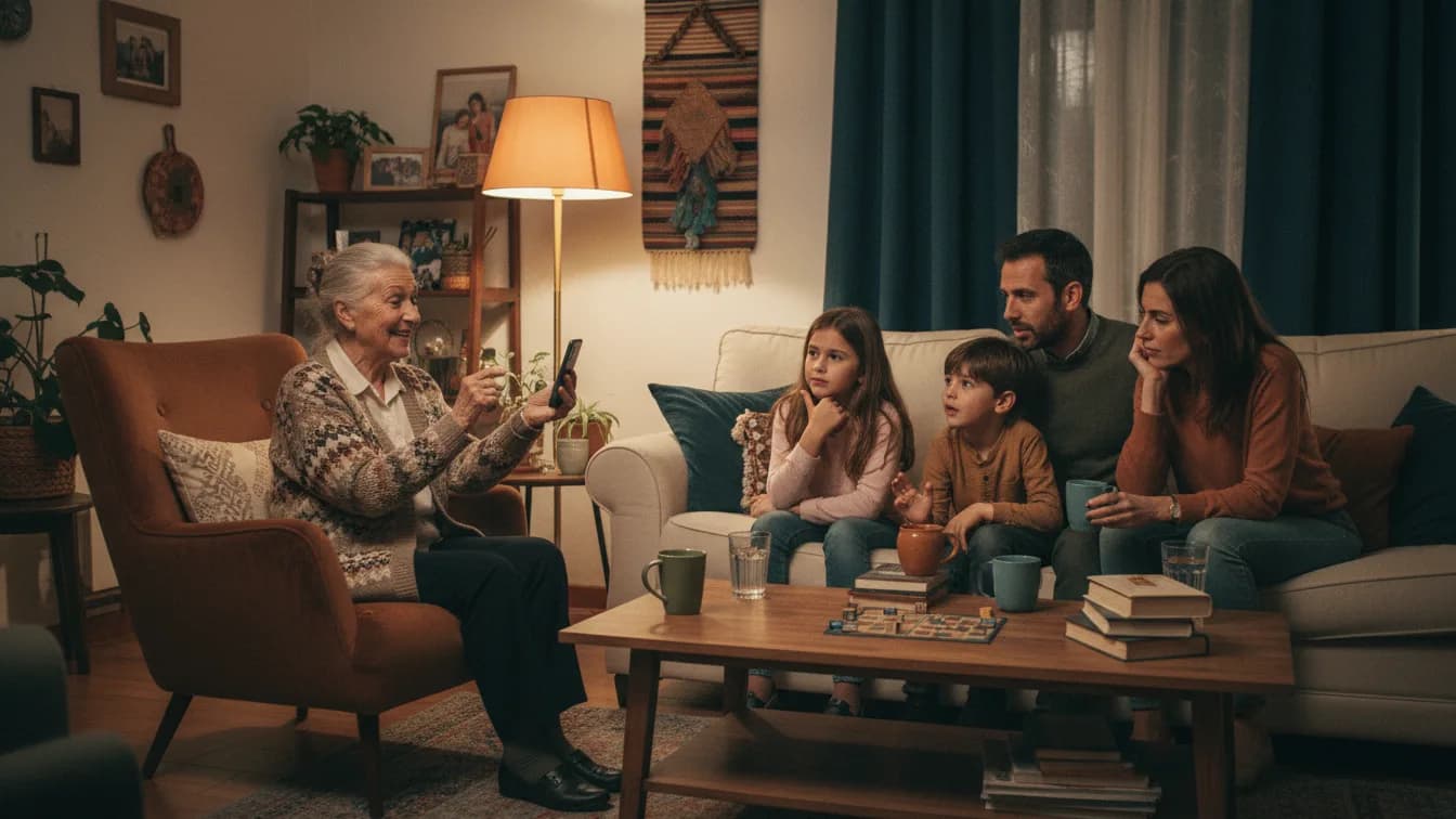 Una abuela lee una adivinanza en voz alta en el salón mientras dos niños y sus padres piensan la respuesta en el sofá