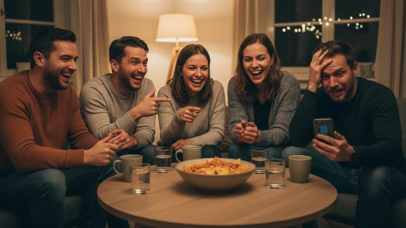 Un grupo de amigos adultos se ríe alrededor de una mesa de salón; uno mira su móvil con cara de incredulidad tras leer la respuesta
