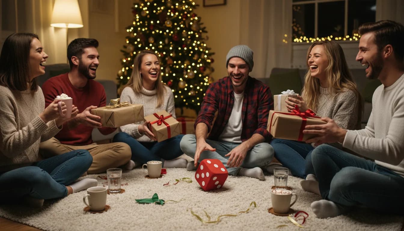Un grupo de amigos de unos veinte años sentados en círculo en el suelo del salón en Navidad, cada uno con un regalo envuelto en las manos, mientras un chico lanza un dado rojo grande sobre la alfombra; al fondo luces del árbol y tazas de chocolate