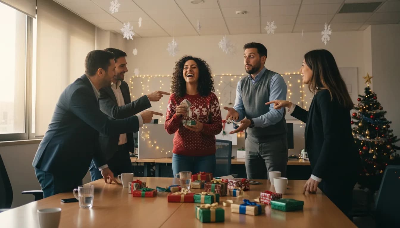 Seis compañeros de trabajo alrededor de una mesa de oficina decorada por Navidad con pequeños regalos envueltos; una mujer abre un paquete riéndose mientras los demás señalan a un compañero que pone cara de inocente