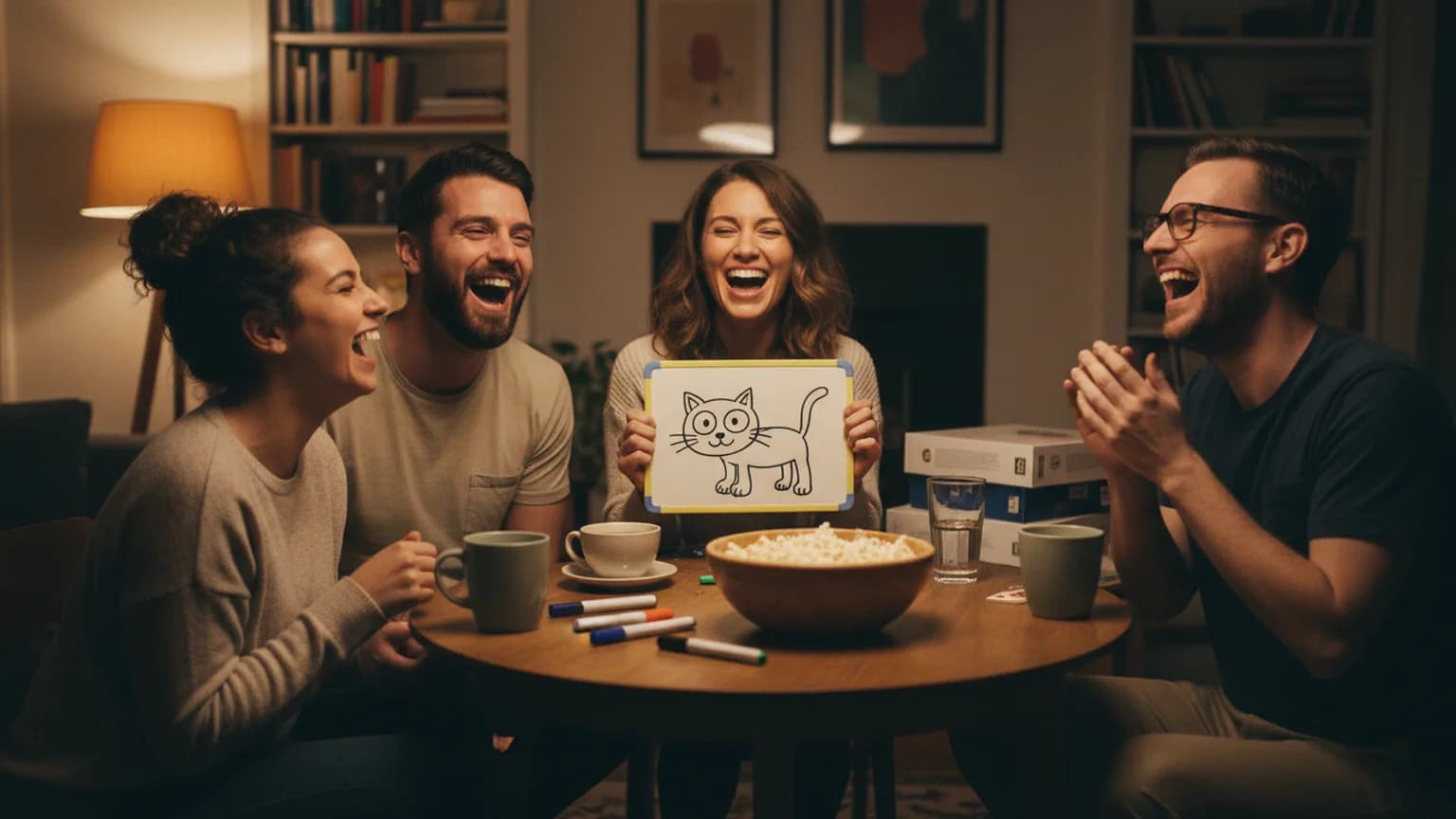 Two couples at a small round table laughing as a woman shows a clumsy doodle of a cat on a whiteboard
