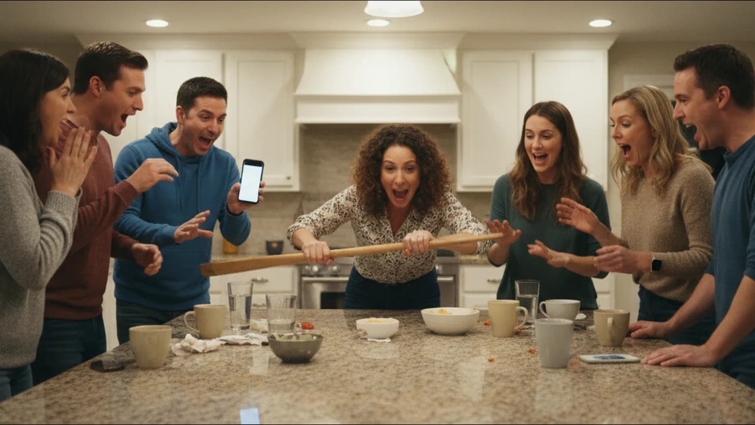 Adults standing around a kitchen island, a woman in the middle acting out rowing a boat while the others shout guesses and one man holds up a phone timer