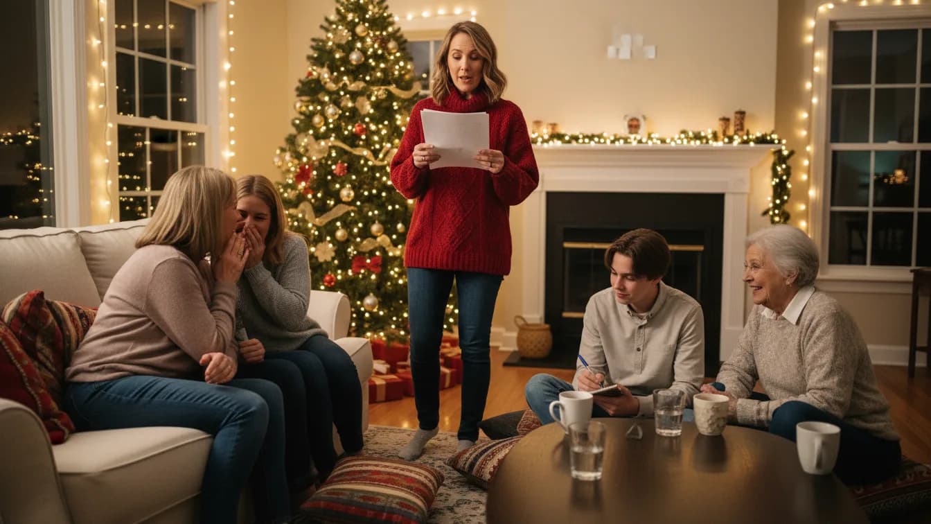 A woman in a red holiday sweater reads questions from a printed sheet in a cozy living room, while two teams on a sofa and on floor cushions whisper and write answers, a lit Christmas tree and string lights behind them