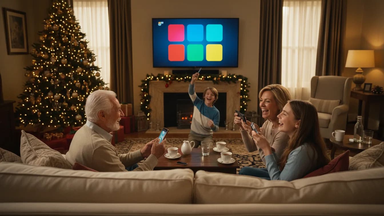 A family of three generations on a sofa in a living room decorated for Christmas, each holding a phone and laughing as they look at a large TV, a boy on the floor raising his phone in triumph