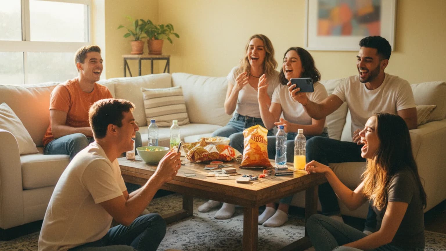 Grupo de amigas riendo mientras juegan en el salón de una casa