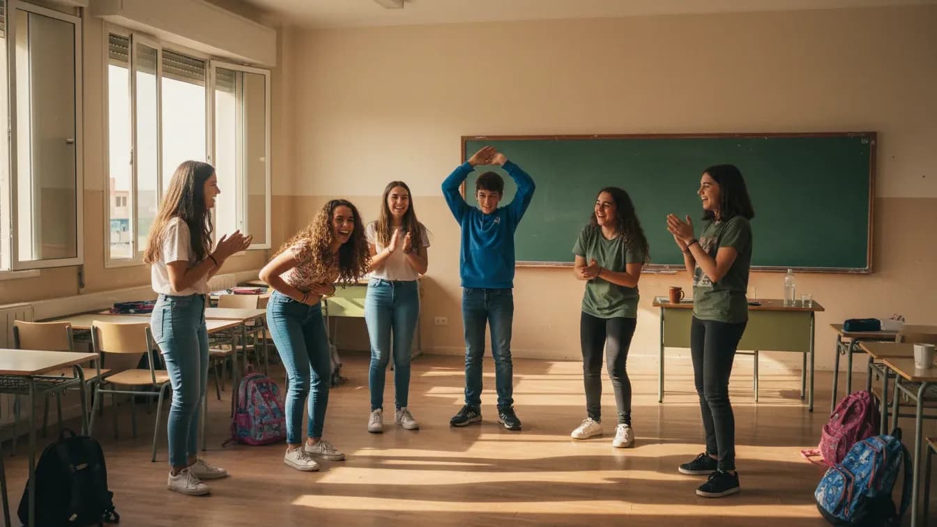 Grupo de adolescentes en un aula con los pupitres apartados, de pie en círculo durante una dinámica, un chico hace de estatua y dos chicas se ríen