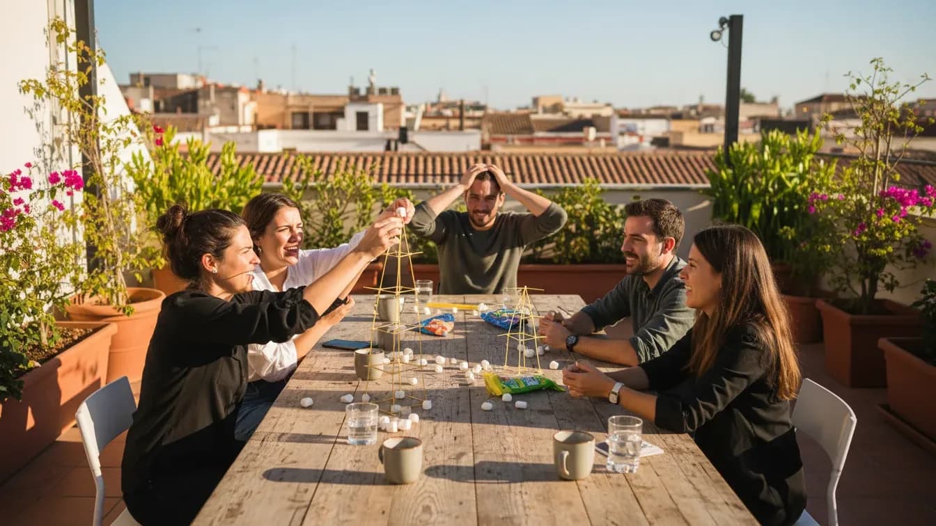Dos equipos de compañeros de trabajo en una terraza construyen una torre de espaguetis y malvaviscos sobre una mesa de madera mientras una mujer coloca el último malvavisco