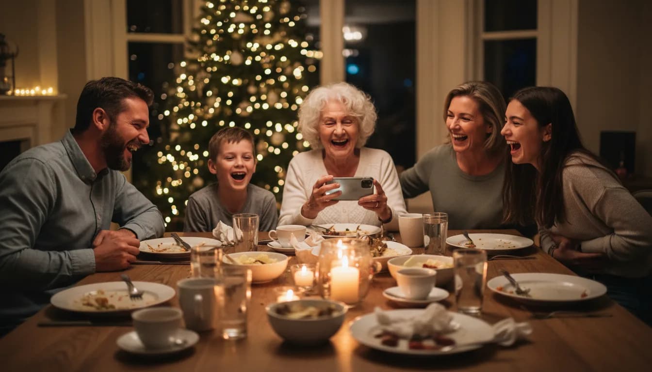 Three generations laughing at one phone held up in the middle of a Christmas dinner table