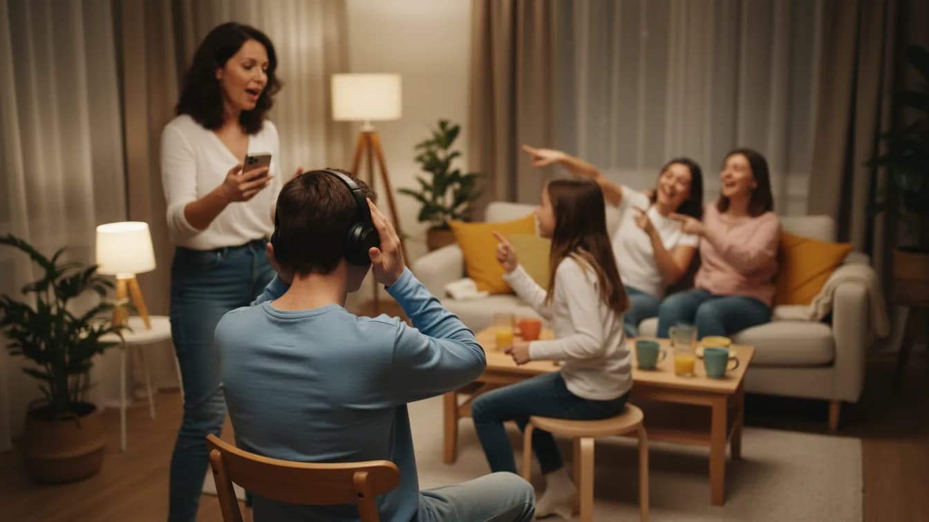 A young man in big headphones sits with his back to the room while his mother reads questions from her phone and his cousins laugh on the sofa