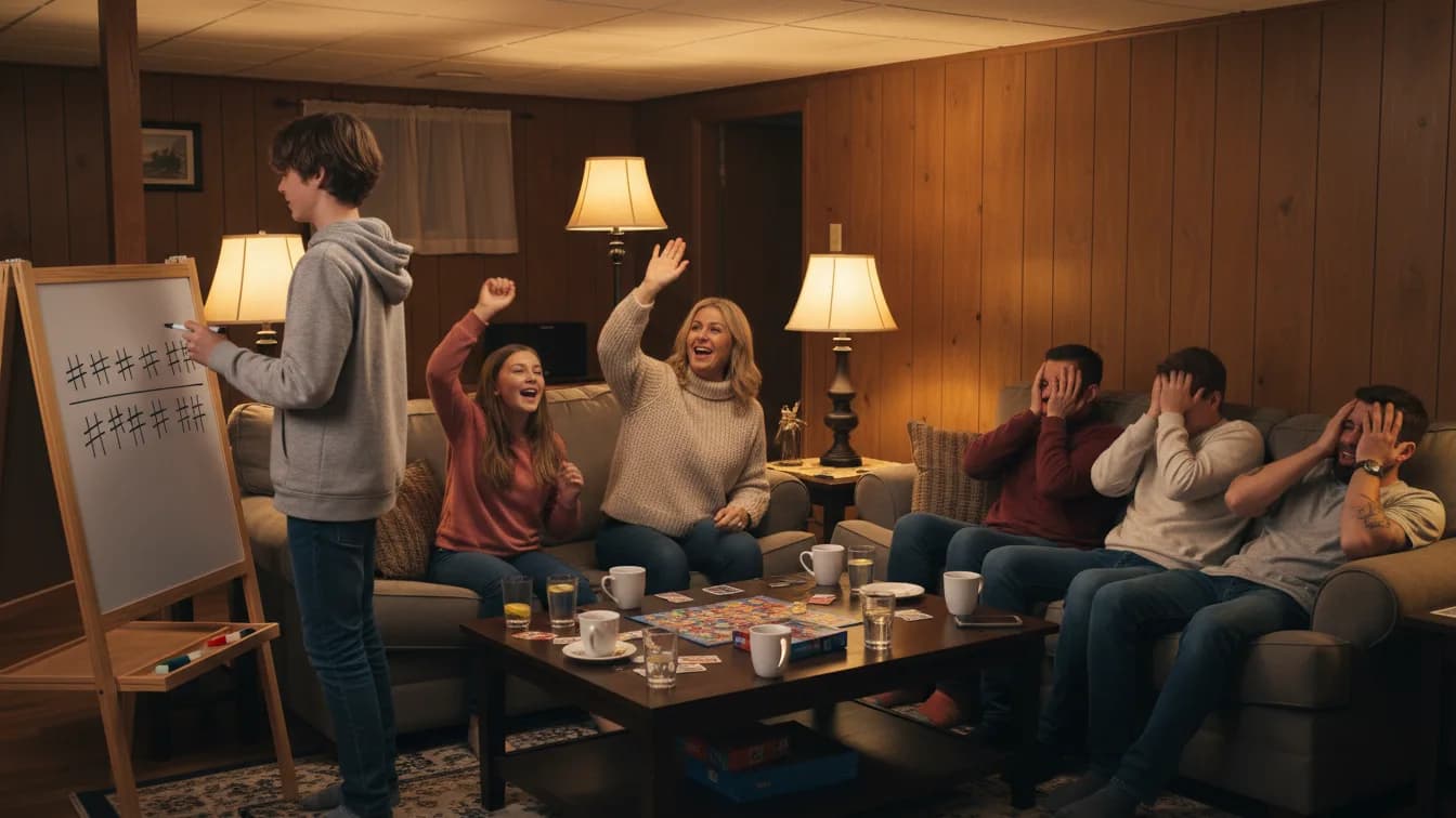 A teenage boy makes tally marks on a whiteboard in a family room while one team on the sofa cheers and the other team hides their faces