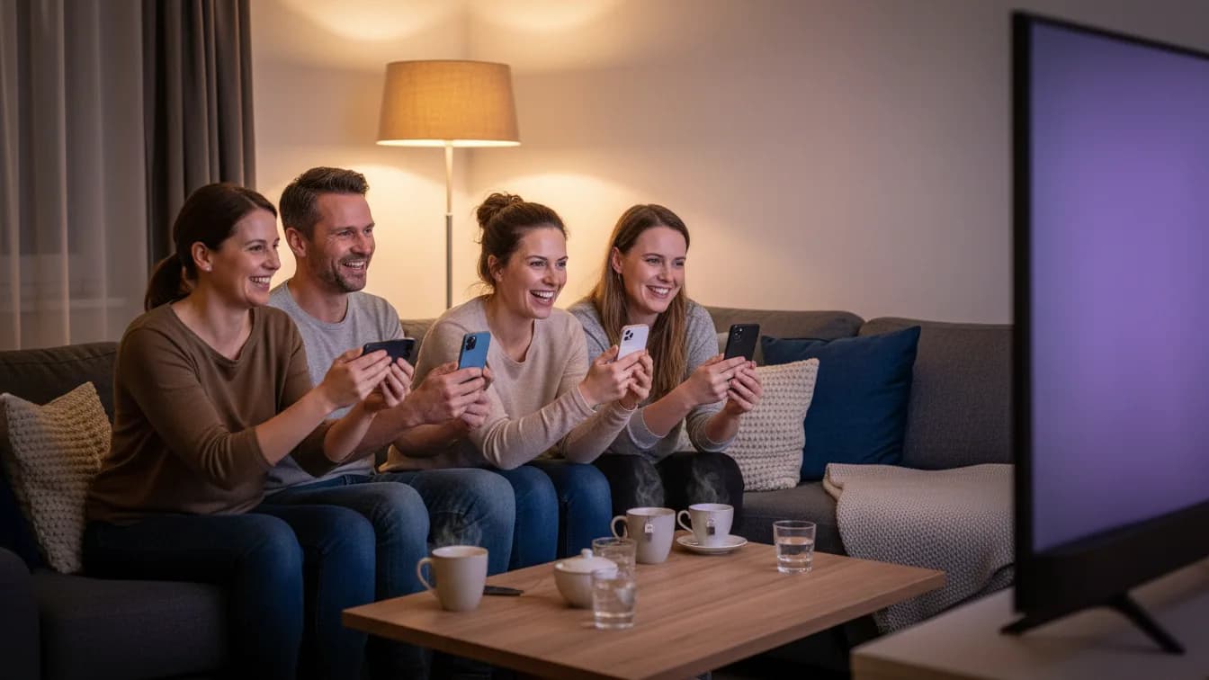 Vier Erwachsene um die vierzig sitzen abends auf einem Sofa vor einem großen Fernseher mit unscharfem, violettem Bild, halten Smartphones wie Buzzer und lachen