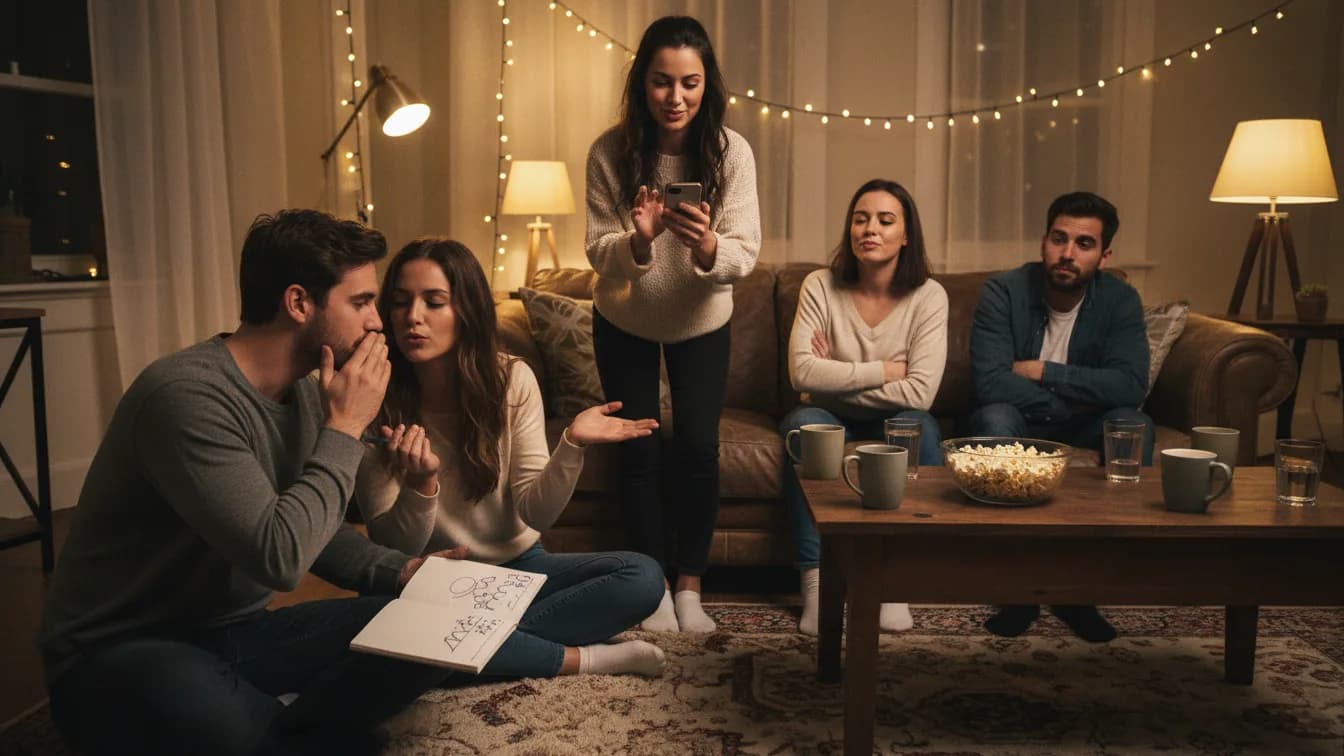 Two teams of friends in a living room: one team whispers and scribbles on a notepad, the other leans back with crossed arms, while a woman stands in the middle as the quizmaster holding her phone