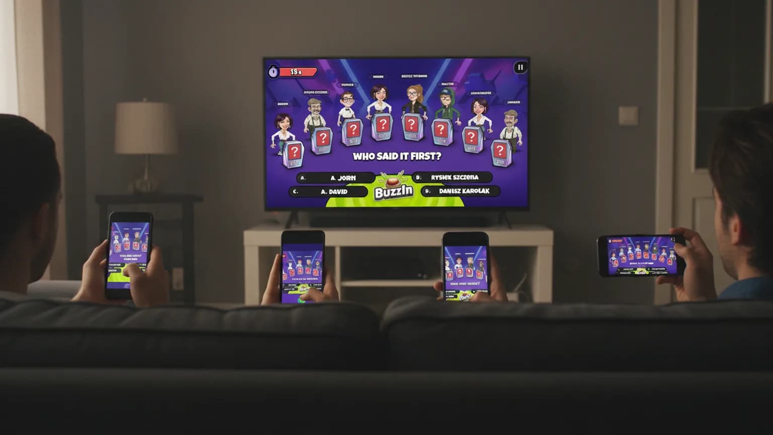 Friends holding phones in front of a TV that shows a quiz question