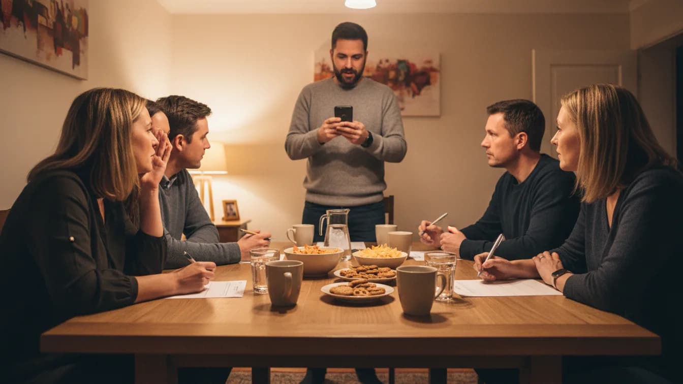 Três pequenos times de adultos em volta de uma mesa de jantar com canetas e folhas de resposta em branco, um time cochichando, um homem em pé na ponta da mesa lendo uma pergunta no celular