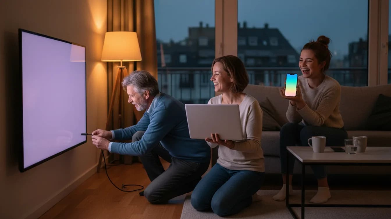 Ein Mann kniet vor dem Fernseher und steckt ein HDMI-Kabel ein, seine Frau hält einen aufgeklappten Laptop, die erwachsene Tochter auf dem Sofa lacht mit dem Handy in der Hand