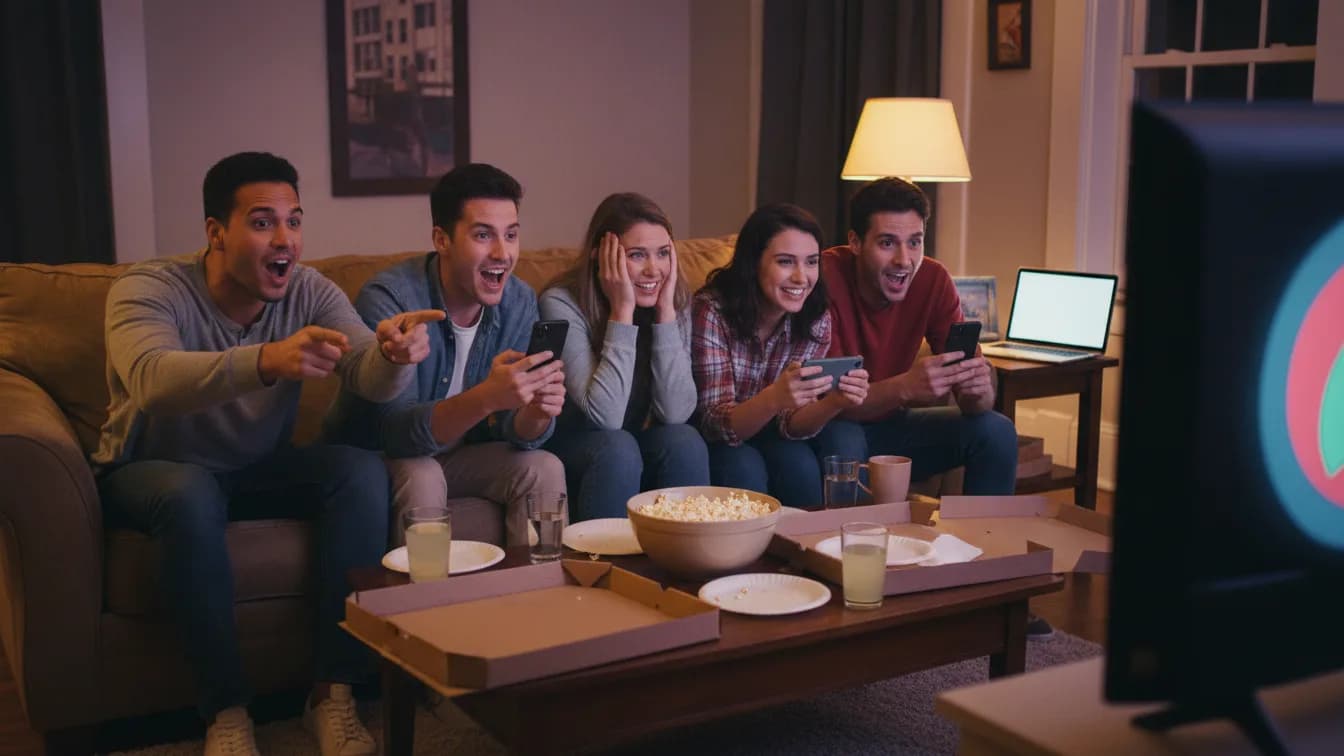 Five friends on a couch lean towards a TV holding their phones, two point at the screen and shout, one covers her face, pizza boxes and popcorn on the coffee table