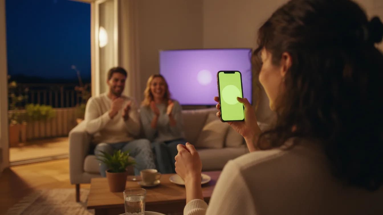 Una chica sostiene el móvil y toca un botón verde en la pantalla mientras al fondo, junto a una tele encendida en morado, dos amigos aplauden desde el sofá