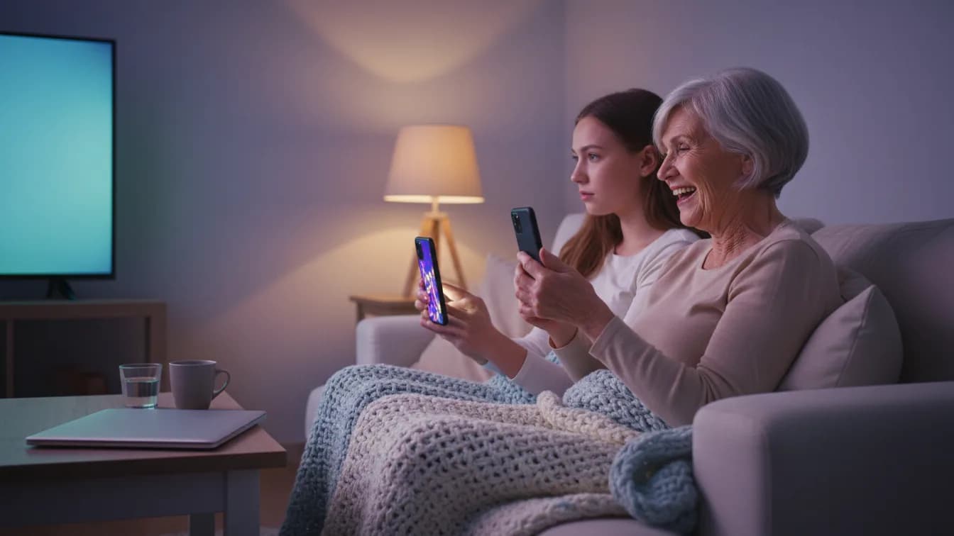 Babcia i wnuczka siedzą ramię w ramię na kanapie pod kocem, babcia ze śmiechem stuka w ekran telefonu, wnuczka z zaciętą miną patrzy na telewizor