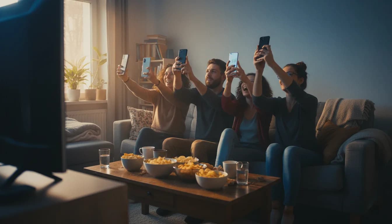 Four friends on a sofa holding their phones up towards a TV outside the frame