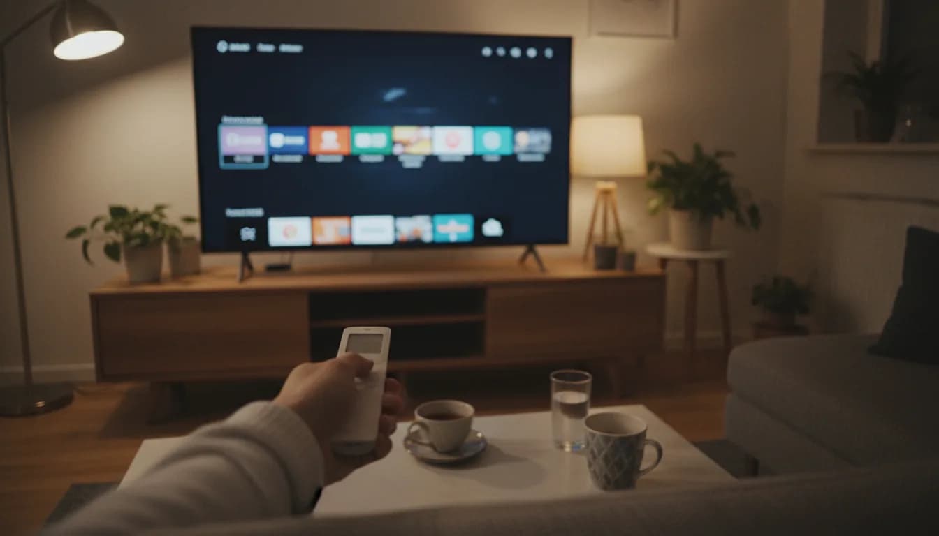A hand pointing a remote at a large TV showing a row of apps in an evening living room