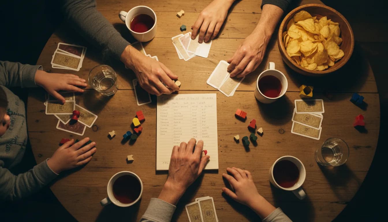 Hände mehrerer Menschen unterschiedlichen Alters über einem Tisch mit Karten und Figuren