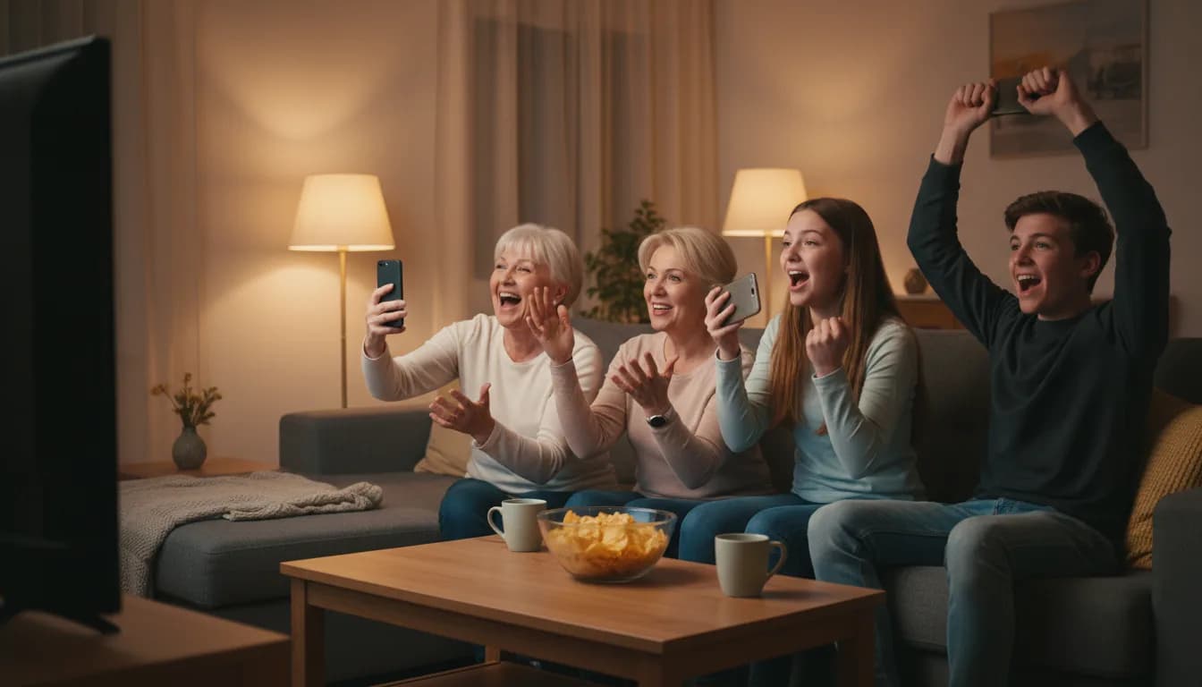 Familie auf dem Sofa mit Handys in der Hand, alle reagieren auf den Fernseher