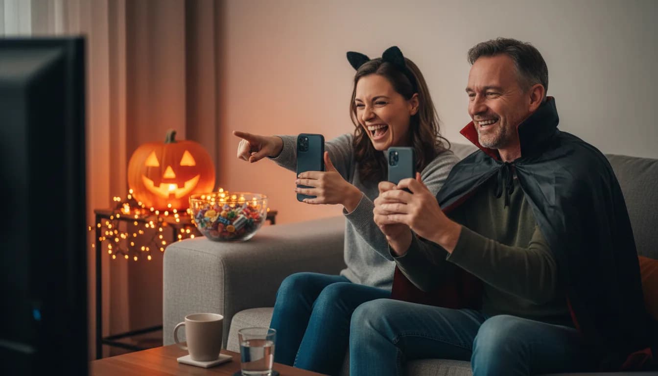 A woman with cat ears and a man in a vampire cape on a sofa, both holding their phones up like game show buzzers and pointing at a TV, with a carved pumpkin and a candy bowl next to them