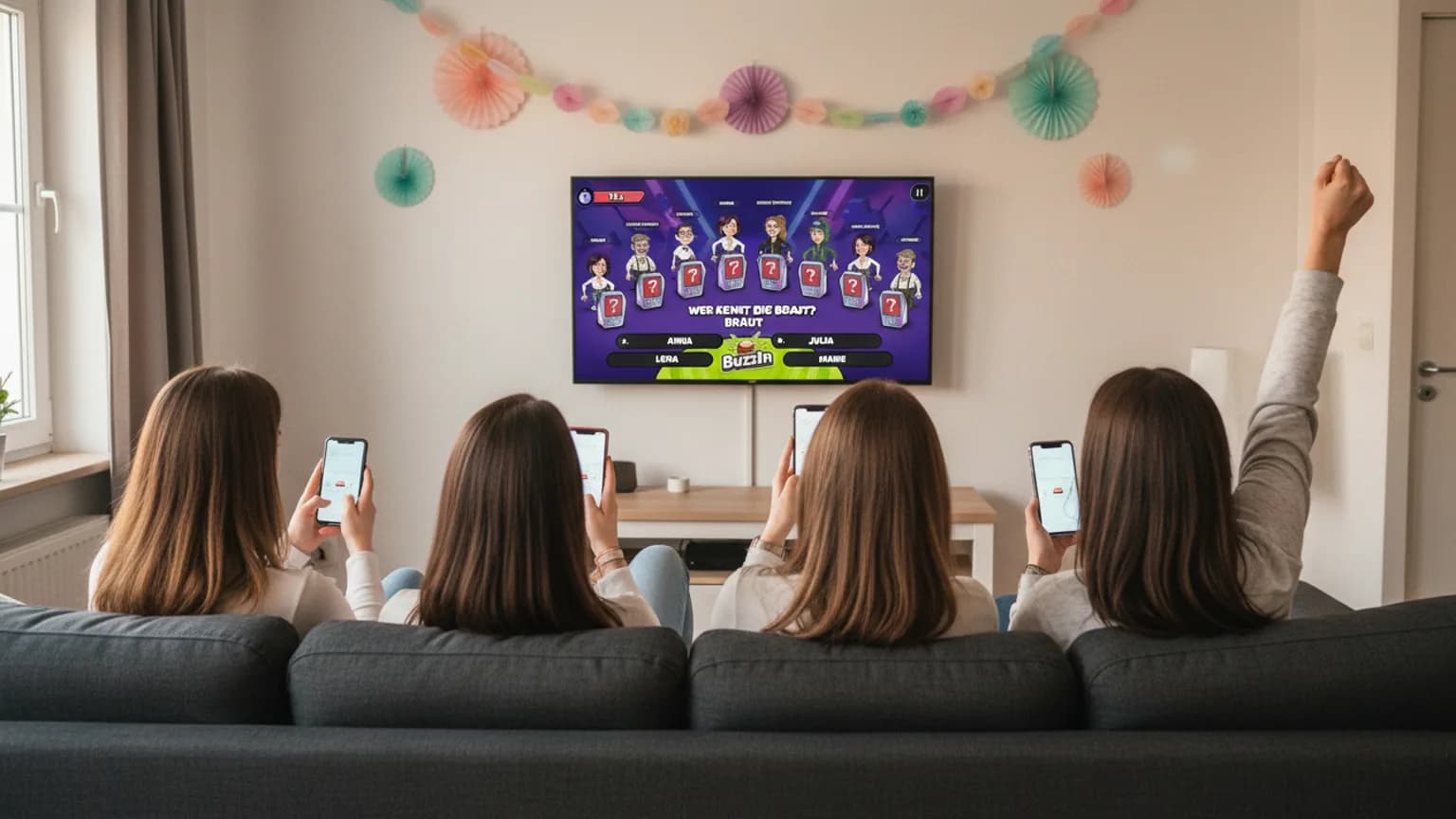 Fernseher mit einer Quizfrage und vier farbigen Antworten, davor Gäste mit Handys