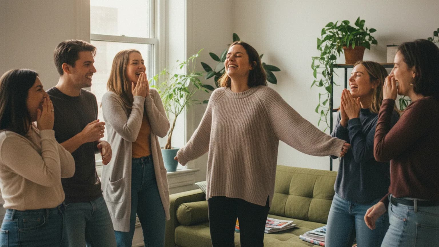 Gruppe von Freundinnen und Freunden lacht während eines Spiels im Wohnzimmer