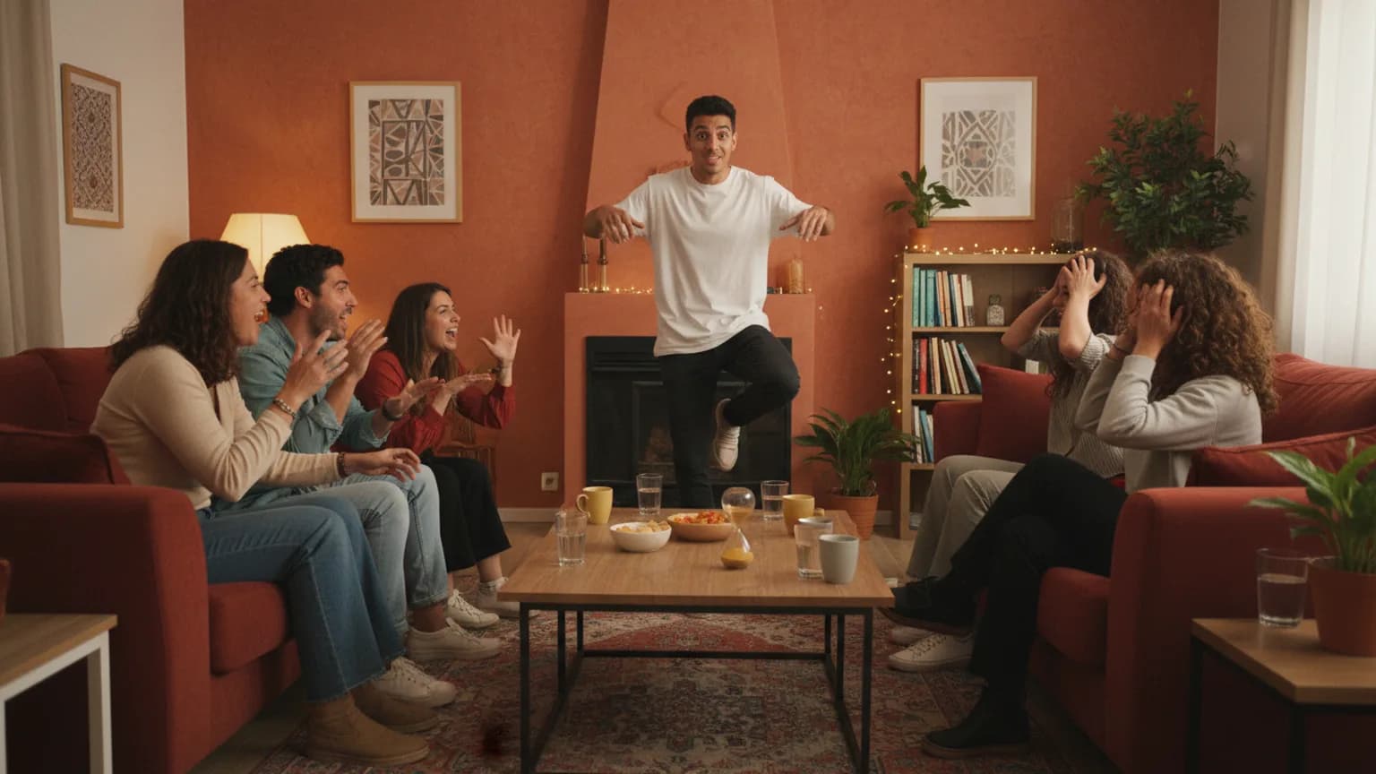 Un chico de pie a la pata coja imitando a un flamenco en medio del salón mientras dos equipos en los sofás gritan respuestas