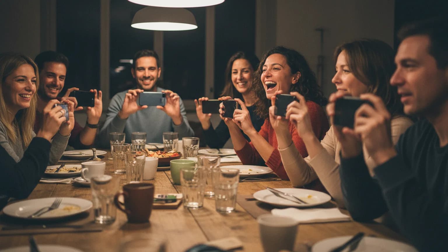 Amigos en una larga sobremesa con los platos apartados, todos con el móvil en alto mirando hacia una tele fuera de plano