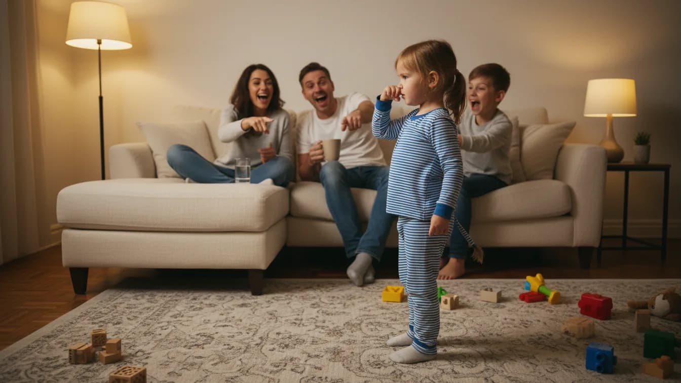 Dziewczynka w piżamie w paski pokazuje słonia, trzymając rękę przy nosie jak trąbę, a rodzice i starszy brat na kanapie wskazują na nią ze śmiechem