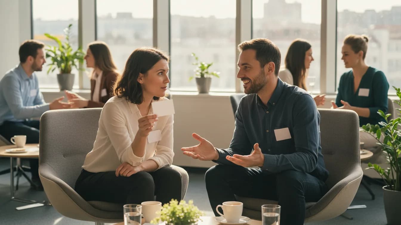 Zwei Kolleginnen und Kollegen sitzen sich in einer Büro-Lounge gegenüber und befragen sich gegenseitig, beide mit leeren Namensschildern, im Hintergrund weitere Paare