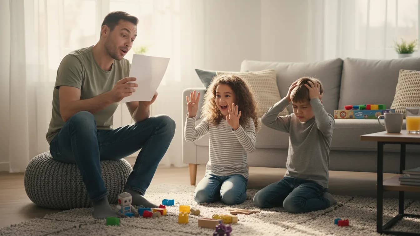 Tata siedzi na pufie z kartką jak prowadzący teleturnieju, dziewczynka na dywanie podnosi ręce, a chłopiec łapie się za głowę i myśli nad odpowiedzią