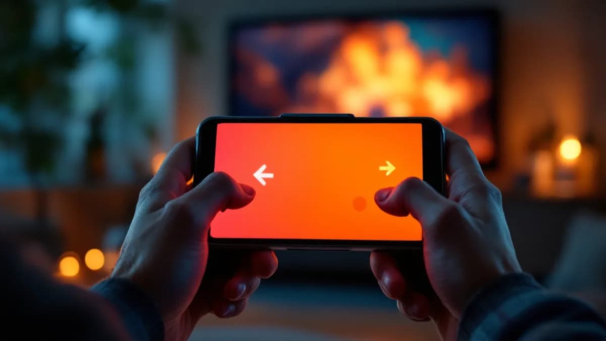 Telefon trzymany poziomo jak pad, na ekranie strzałki sterowania