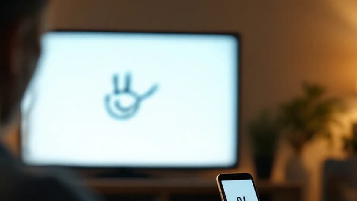 Prosty rysunek na telewizorze, obok dłoń rysująca palcem po telefonie