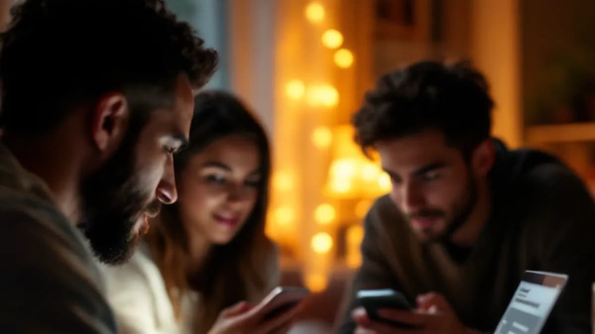 Ktoś układa własne pytania quizowe na laptopie, znajomi czekają z telefonami