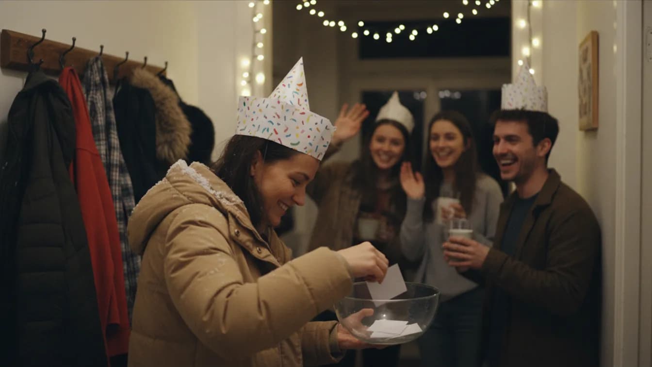 A narrow apartment hallway on New Year's Eve, a woman in a winter coat and a paper party hat drops a folded slip of paper into a glass bowl by the door, three friends in paper hats behind her wave and laugh, coats on wall hooks and warm string lights