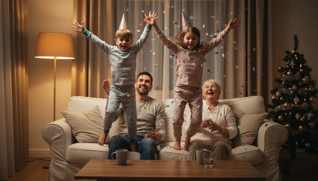 A living room in the early evening, two children of about six and eight in pajamas and paper party hats jump on a sofa with arms raised under falling confetti while their father and grandmother laugh beside them, a lamp and a lit Christmas tree in the background