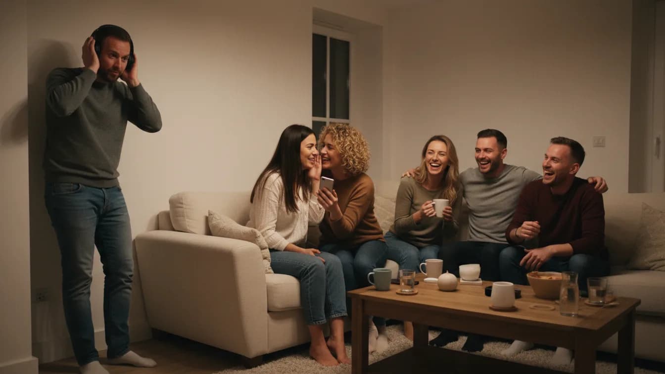 A man stands facing the corner of a living room wearing big headphones and covering his ears, while his wife on the sofa whispers an answer to a friend holding a phone and two other couples grin