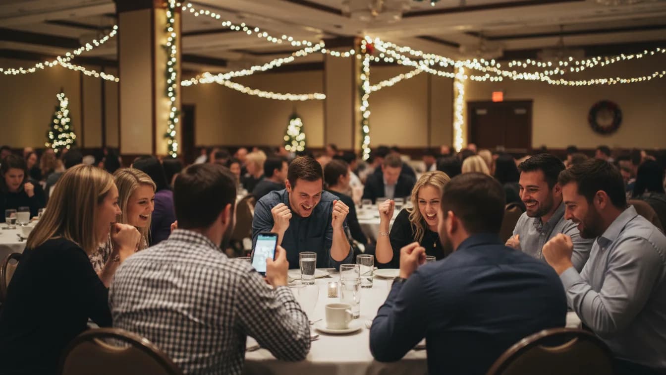 A company holiday party in a hotel ballroom, coworkers at round tables lean toward one person holding a smartphone as their team buzzer, two of them cheer with fists raised, festive lights and garlands behind them