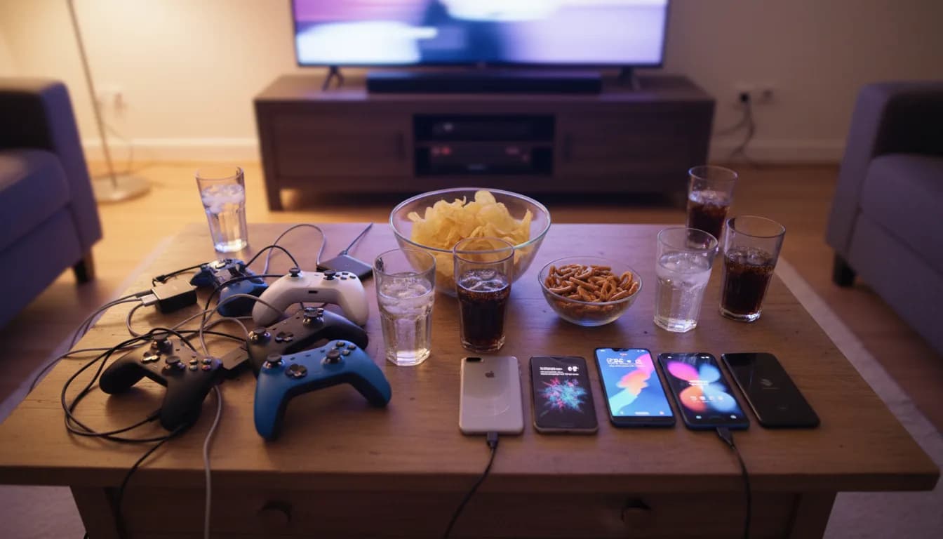 A coffee table with a few gamepads and several phones next to a TV