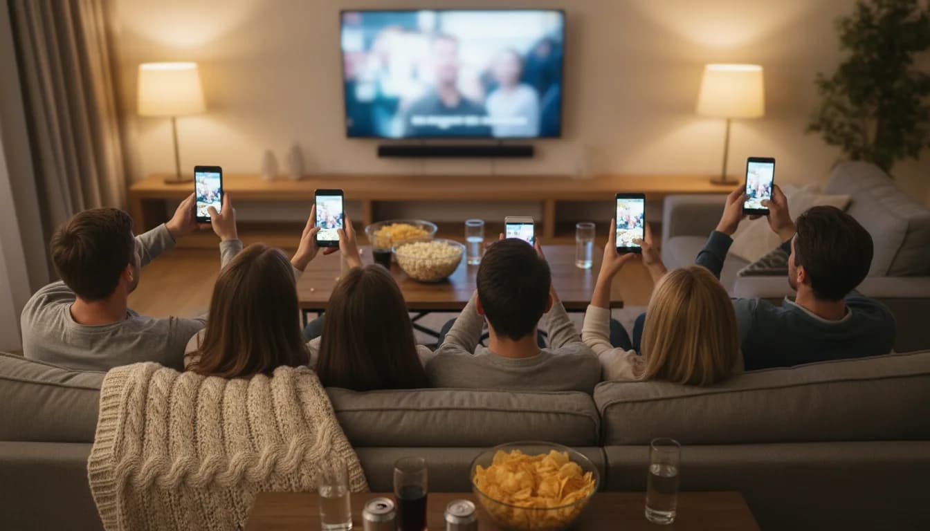 A group of friends on a sofa looking at a TV, each holding a phone