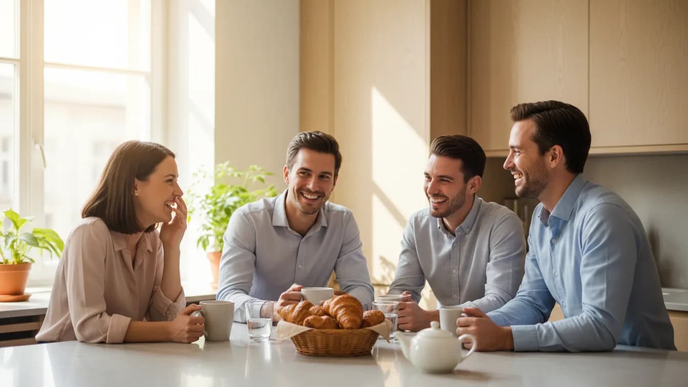Quatro colegas de trabalho com xícaras de café e croissants em volta do balcão da copa do escritório; uma colega nova responde rindo