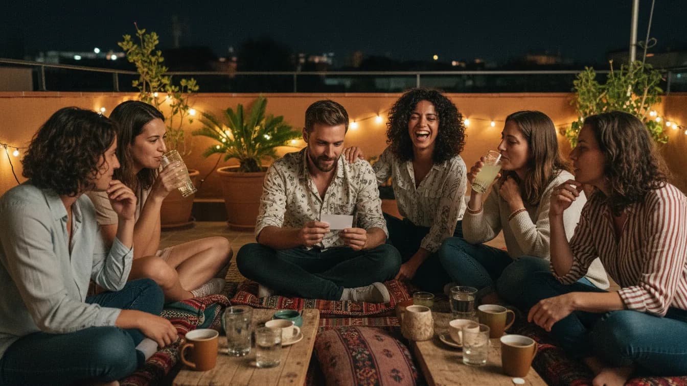 Seis amigos sentados em roda sobre almofadas num terraço à noite com varal de luzinhas; um rapaz lê uma pergunta num cartão e os outros riem