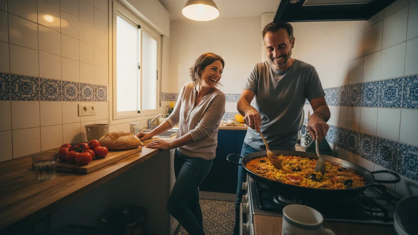 Una pareja de unos treinta años cocina junta en una cocina pequeña con azulejos: él remueve una paella y ella, apoyada en la encimera, le pregunta algo y los dos se ríen