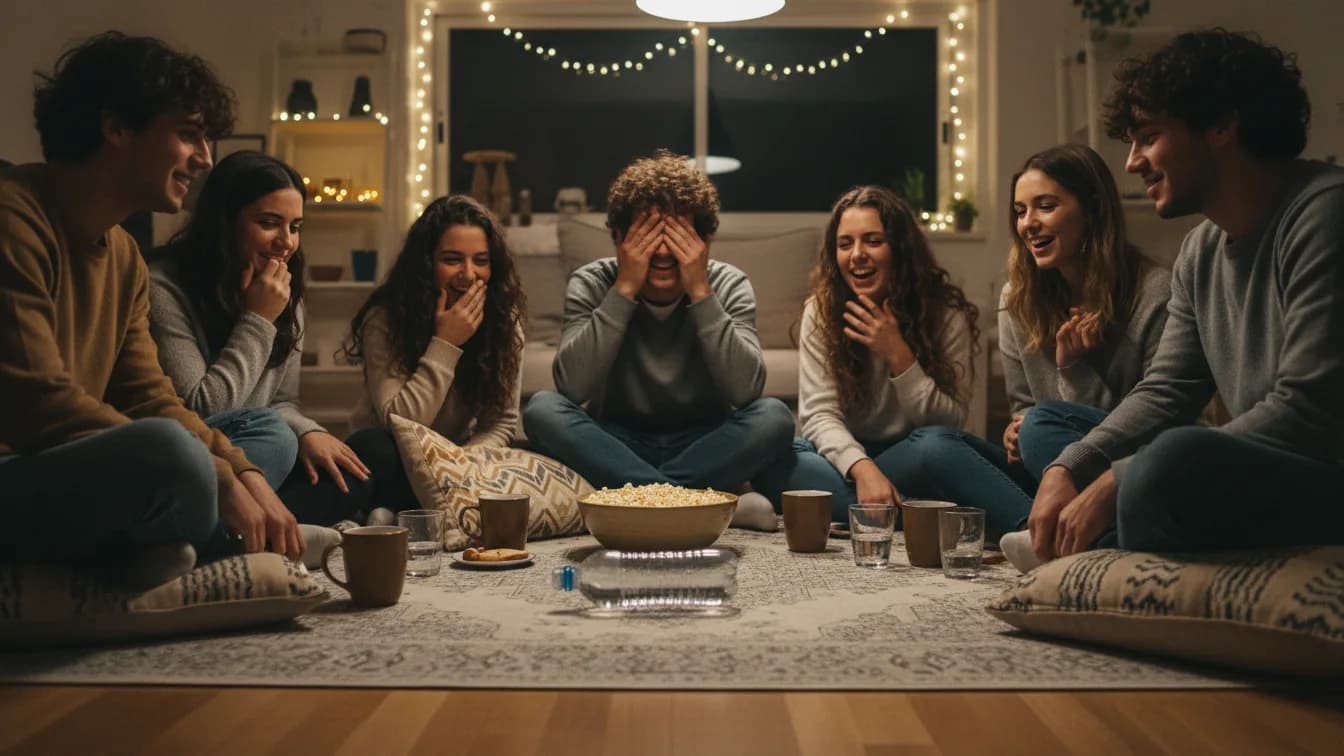 Sete amigos de uns vinte anos sentados em roda no chão de uma sala à noite, uma garrafa de água vazia no meio, um rapaz tapa os olhos enquanto os outros riem, uma tigela de pipoca e copos de água